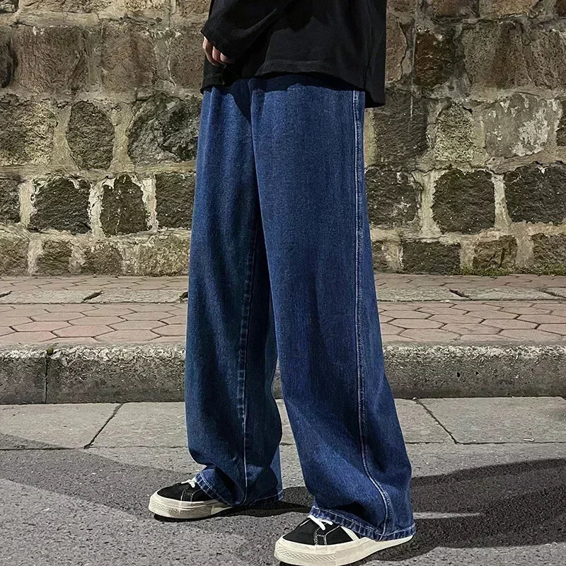 2026 Men's Korean Style Loose Straight Wide Leg Jeans - Trendy Black & Light Blue Streetwear Pants