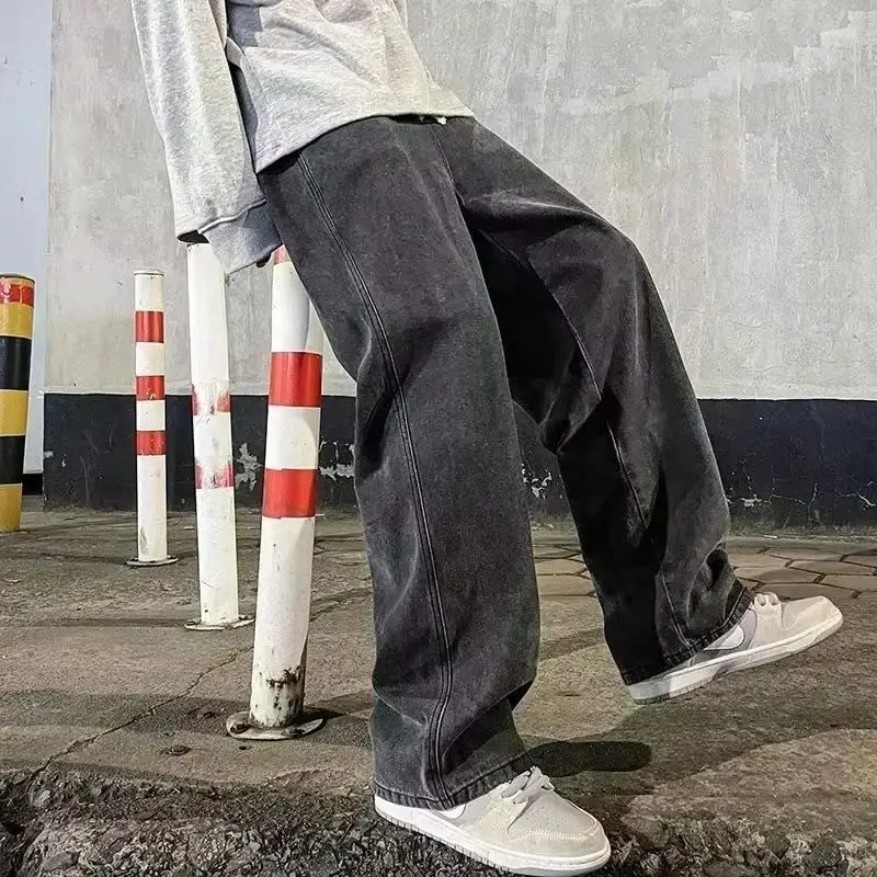 2026 Men's Korean Style Loose Straight Wide Leg Jeans - Trendy Black & Light Blue Streetwear Pants