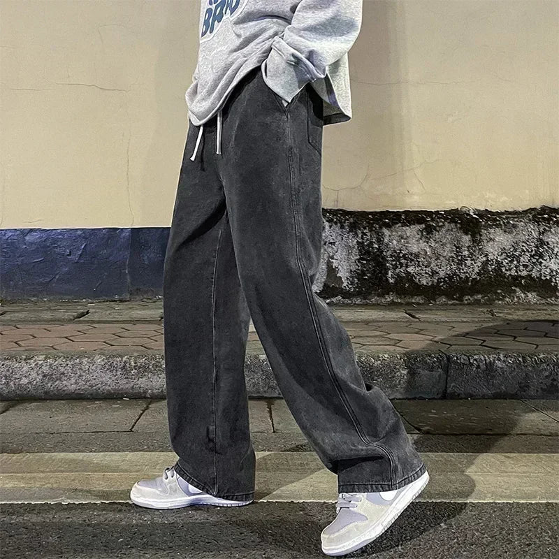 2026 Men's Korean Style Loose Straight Wide Leg Jeans - Trendy Black & Light Blue Streetwear Pants