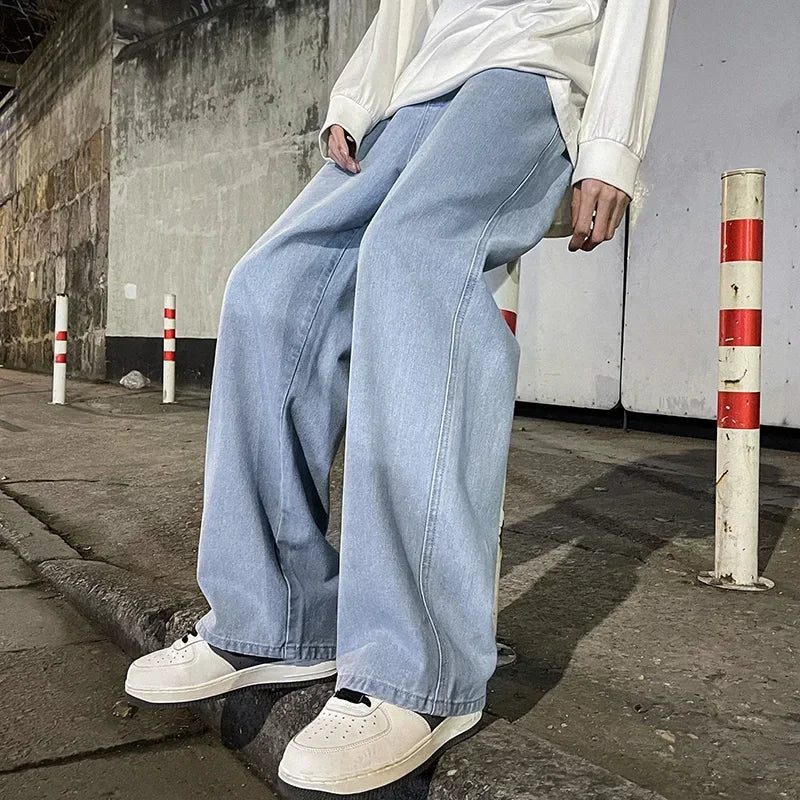 2026 Men's Korean Style Loose Straight Wide Leg Jeans - Trendy Black & Light Blue Streetwear Pants