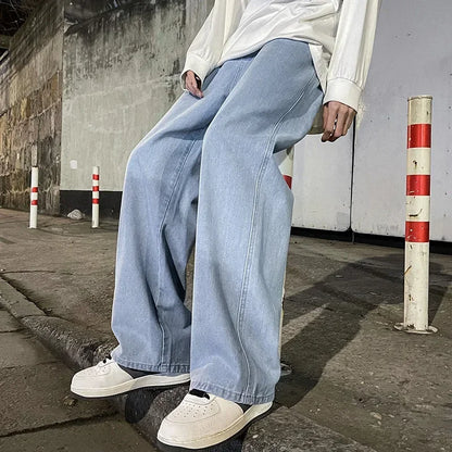 2026 Men's Korean Style Loose Straight Wide Leg Jeans - Trendy Black & Light Blue Streetwear Pants