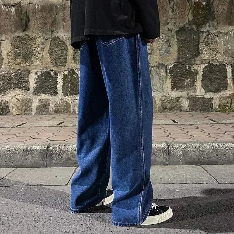 2026 Men's Korean Style Loose Straight Wide Leg Jeans - Trendy Black & Light Blue Streetwear Pants
