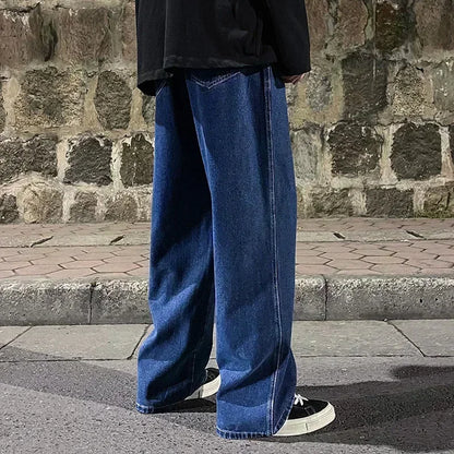 2026 Men's Korean Style Loose Straight Wide Leg Jeans - Trendy Black & Light Blue Streetwear Pants