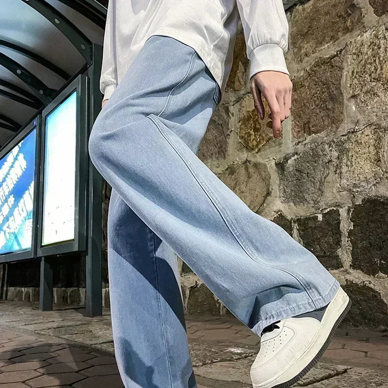 2026 Men's Korean Style Loose Straight Wide Leg Jeans - Trendy Black & Light Blue Streetwear Pants